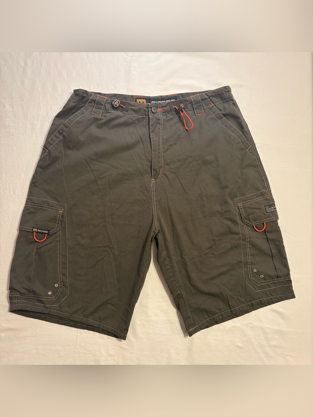 Vintage Y2K Micros Olive Cargo Shorts with Orange Details and Punk Multi Stitch